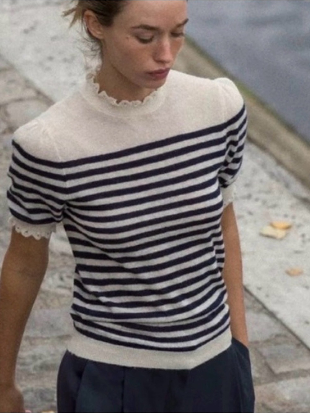 Zara Cream and Navy Striped Short-Sleeve top
